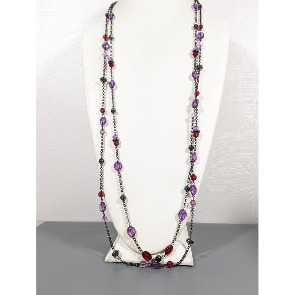 Long Gunmetal Chain Necklace Purple Red Acrylic Beads 40" Layering Statement